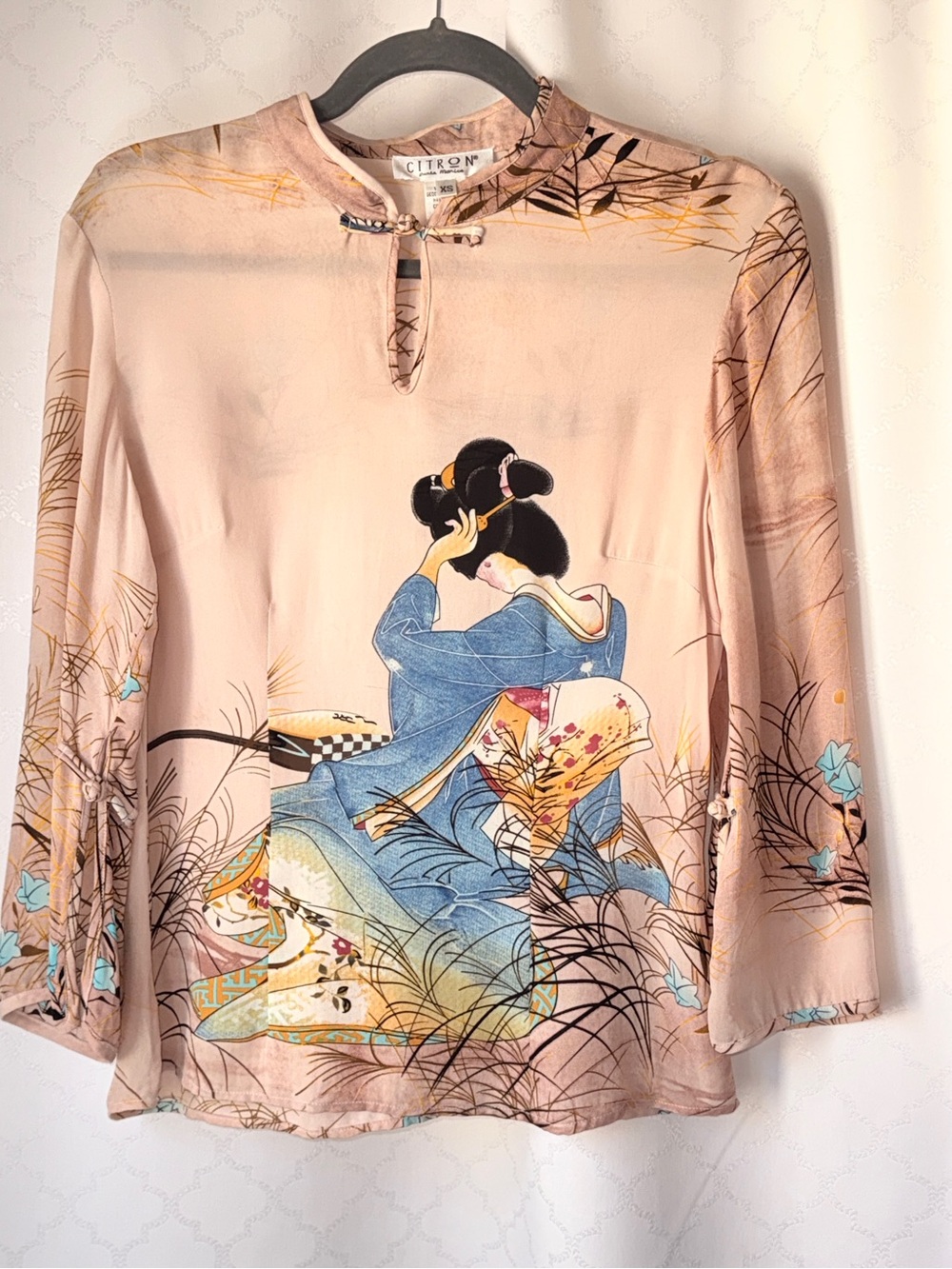 Citron Santa Monica Silk Asian Georgette Kimono Blouse Geisha Cranes